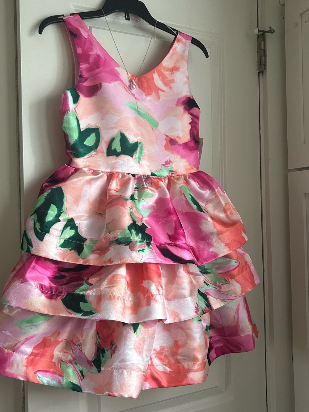 Floral Tiered Party Dress for Girls - Pink & Green in Size 8
